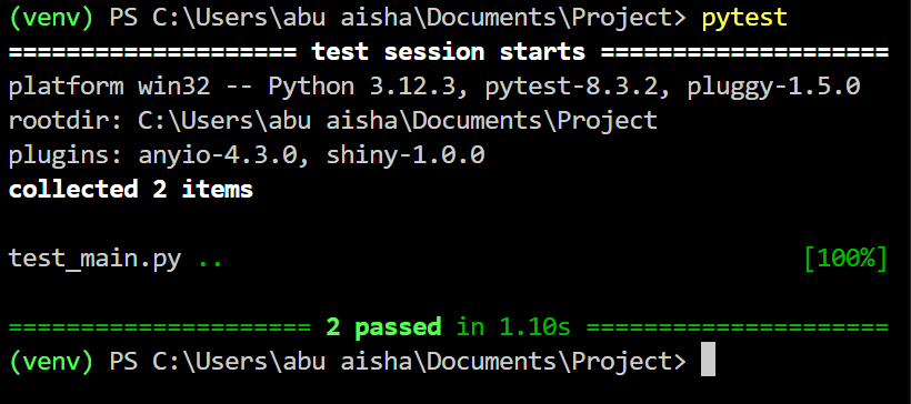 Image showing the results of two successul python unit tests passed